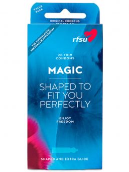 Magic kondomer anpassade efter kroppens form med insvängd topp för bästa passform och ökad känsla.