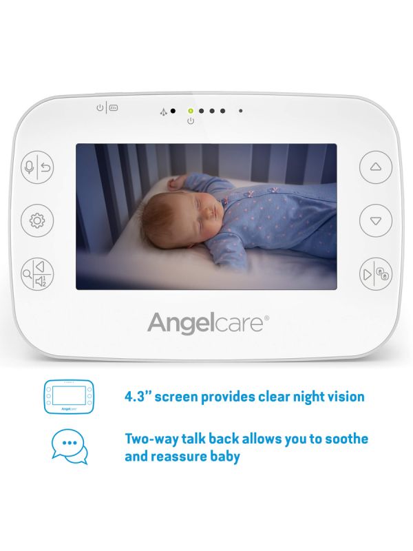 ANGELCARE Baby Movement Monitor AC327 Video. Angelcare Baby Movement Monitor övervakar ditt barns sömn åt dig och varnar dig omedelbart om ditt barn inte andas på 20 sekunder. Dessutom innehåller paketet en föräldraenhet med mörkerseende, tvåvägskommunikation och en 4,3 