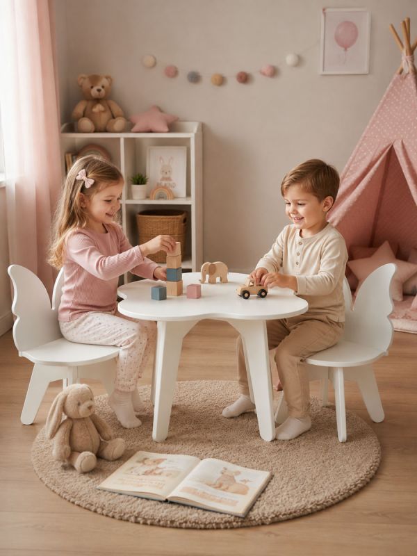Butterfly barnbord och 2 stolar - vitt barnbordsset