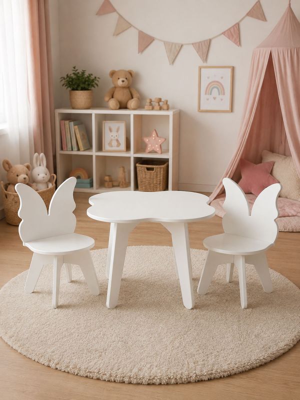 Butterfly barnbord och 2 stolar - vitt barnbordsset