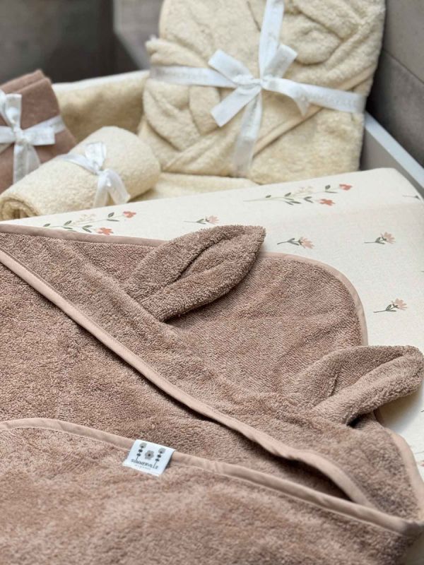 Handuk med huv för bebis, kanin warm taupe