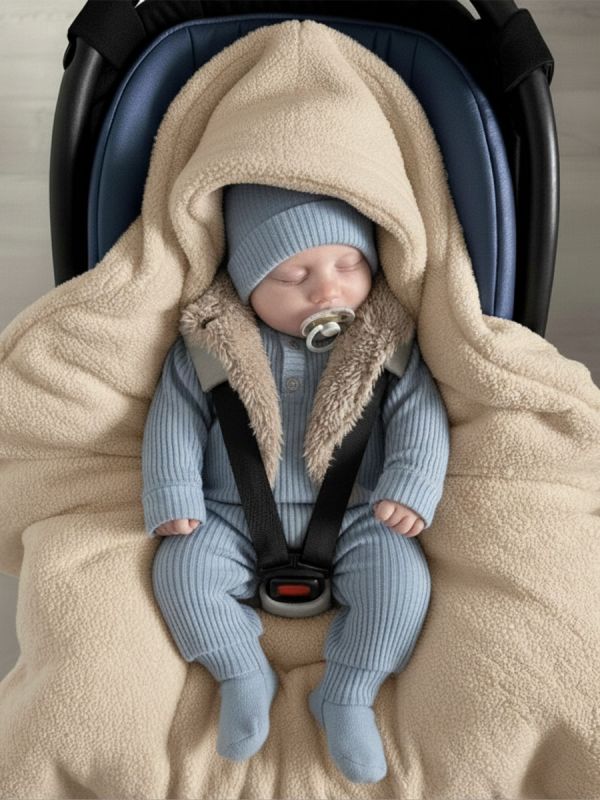 Varm filt i bouclé-stil för bilbarnstol – beige