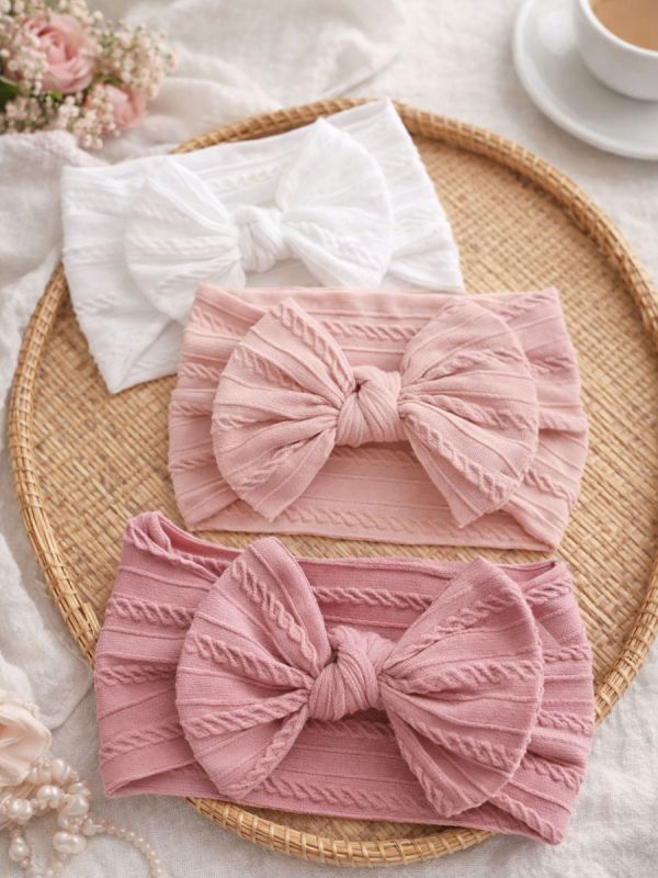 Bred rosett pannband för baby 3-pack, pink white