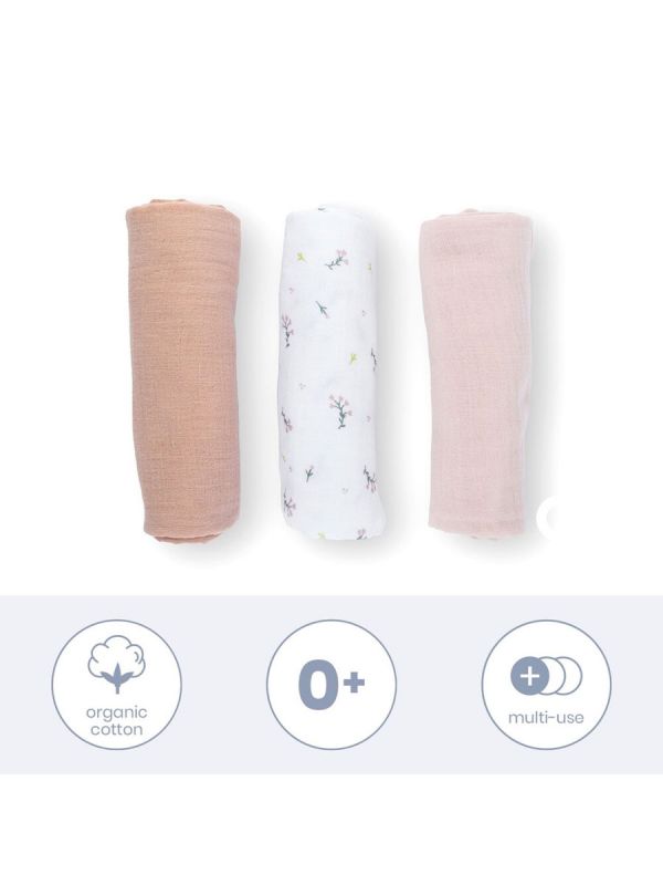 Muslindukar i ekologisk bomull 3-pack, flower pink | DOOMOO
