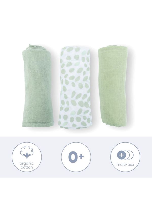 Muslindukar i ekologisk bomull 3-pack, leaves green | DOOMOO