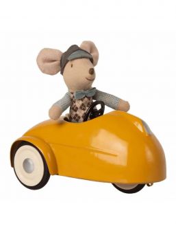 Maileg racerförarmus och gul racerbil - lekset med garage