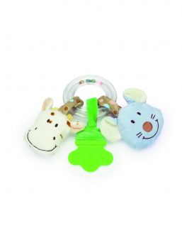 Den här ringskallran är en rolig leksak från Teddykompaniet som kommer hålla ditt barn underhållet länge. I den genomskinliga ringen rullar färgglada bollar fram, och på ringen sitter tre hängen, två gosiga djurhuvuden och en bitleksat. 