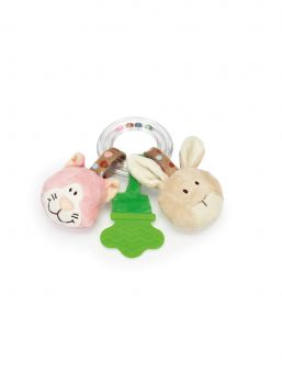 Den här ringskallran är en rolig leksak från Teddykompaniet som kommer hålla ditt barn underhållet länge. I den genomskinliga ringen rullar färgglada bollar fram, och på ringen sitter tre hängen, två gosiga djurhuvuden och en bitleksat.